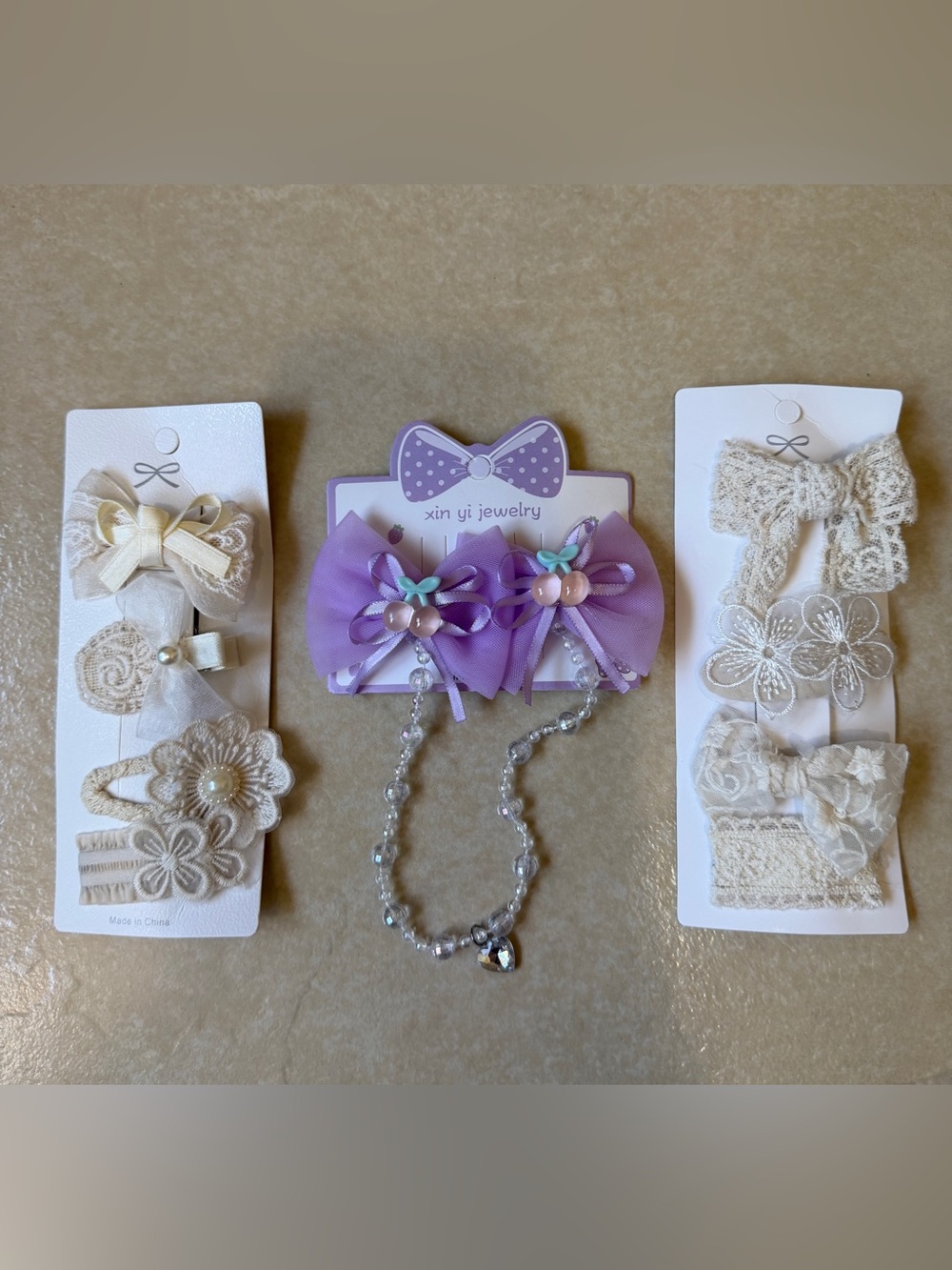 10pc Baby Girl Hair Clip Set – Ivory Lace Bows/Flowers & Purple Tulle Pins